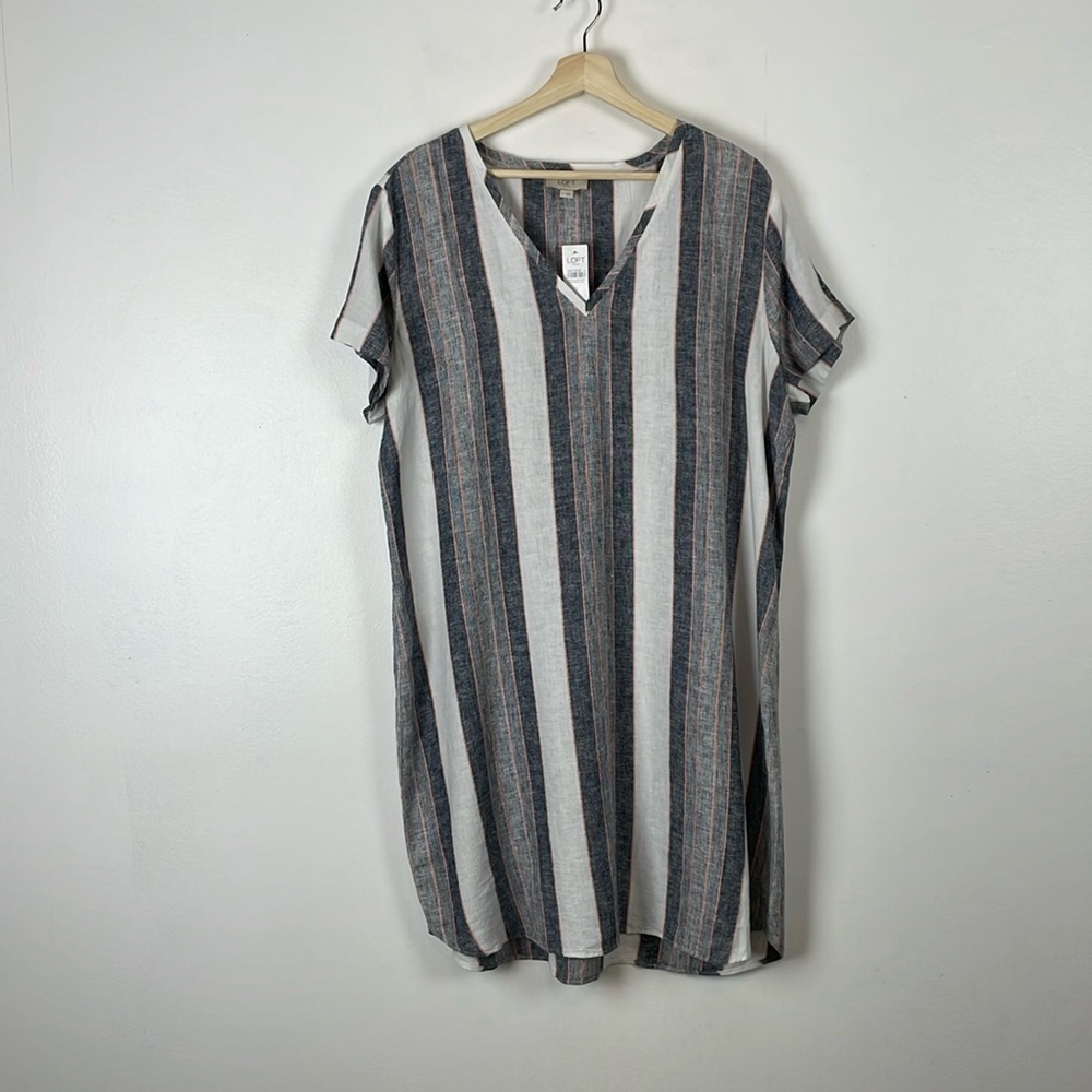 Loft Outlet Linen Blend Short Sleeve V Neck Striped Pullover Women L Shirt Dress
